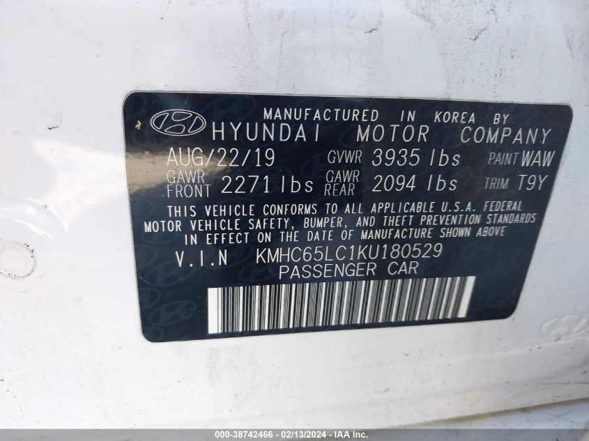 2019 Hyundai Ioniq Hybrid Blue VIN: KMHC65LC1KU180529 Lot: 38742466