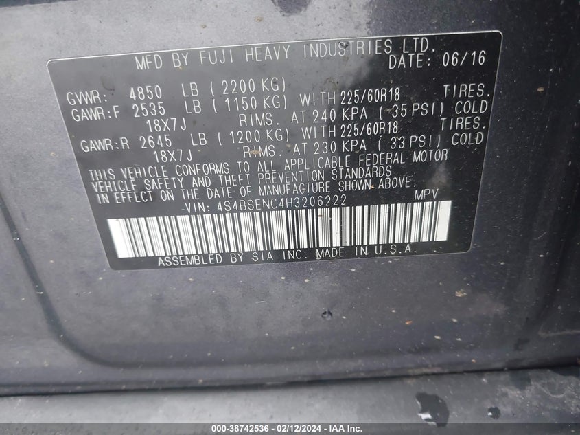 VIN 4S4BSENC4H3206222 2017 SUBARU OUTBACK 3.6R LIMITED