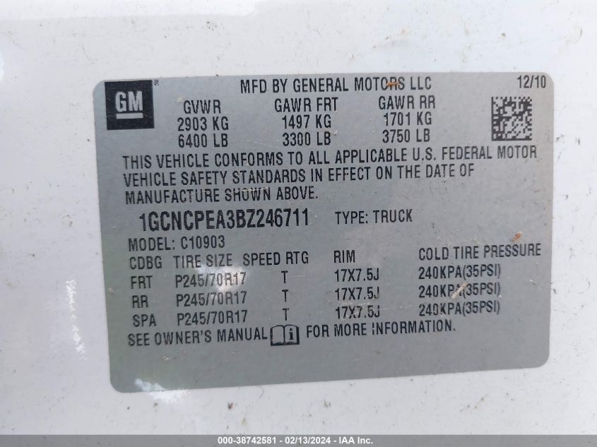 1GCNCPEA3BZ246711 2011 Chevrolet Silverado 1500 Work Truck