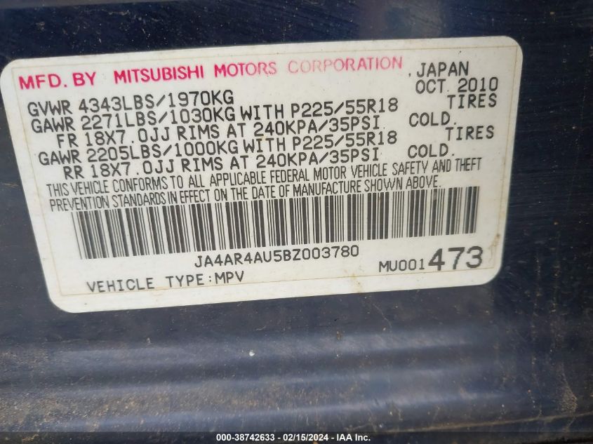 2011 Mitsubishi Outlander Sport Se VIN: JA4AR4AU5BZ003780 Lot: 38742633