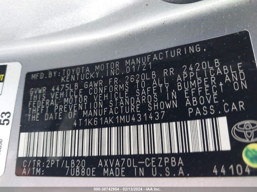 4T1K61AK1MU431437 2021 Toyota Camry Xse