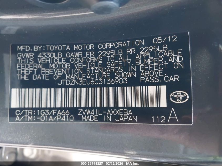 2012 TOYOTA PRIUS V VIN: JTDZN3EU6C3136903