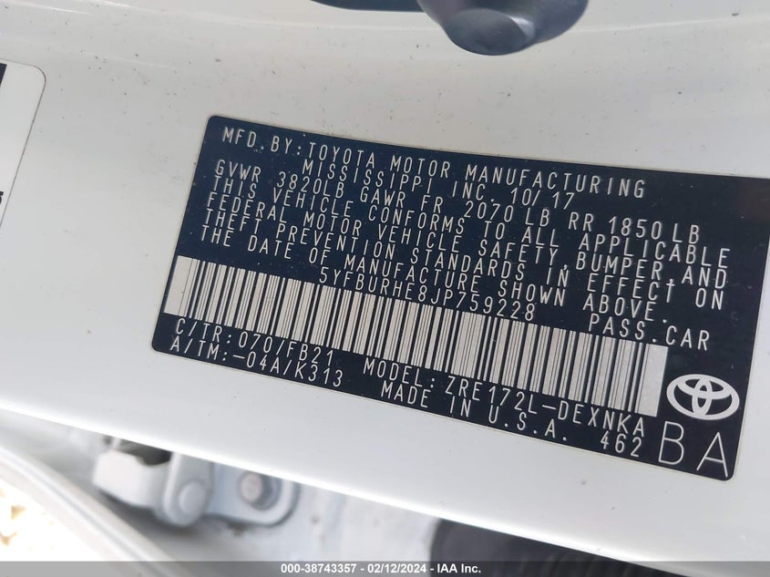 2018 TOYOTA COROLLA LE - 5YFBURHE8JP759228