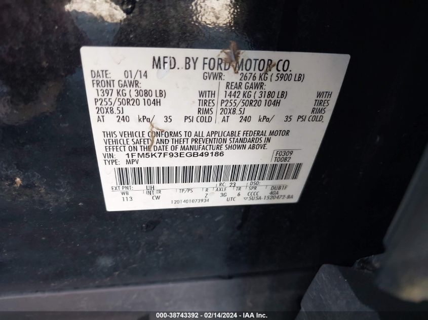 2014 Ford Explorer Limited VIN: 1FM5K7F93EGB49186 Lot: 38743392