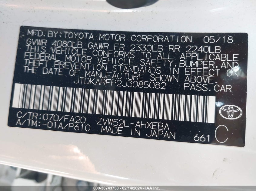 VIN JTDKARFP2J3085082 2018 TOYOTA PRIUS PRIME PLUS