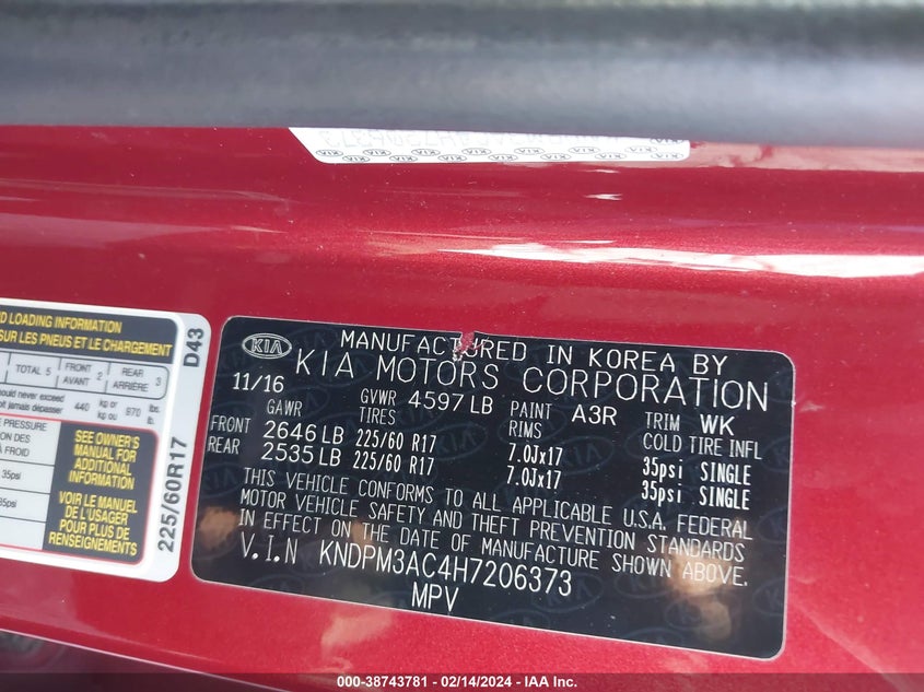 VIN KNDPM3AC4H7206373 2017 KIA SPORTAGE LX