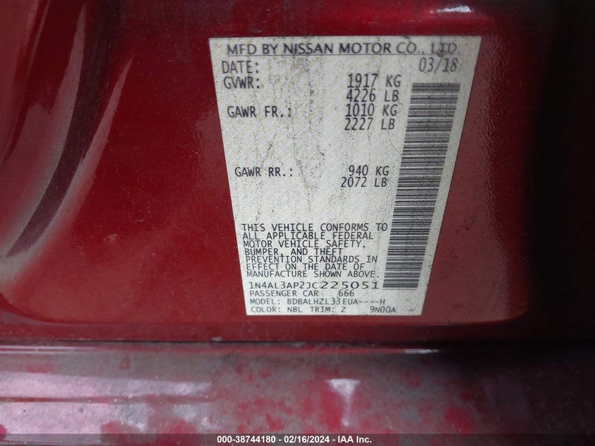 VIN 1N4AL3AP2JC225051 2018 NISSAN ALTIMA 2.5 SR