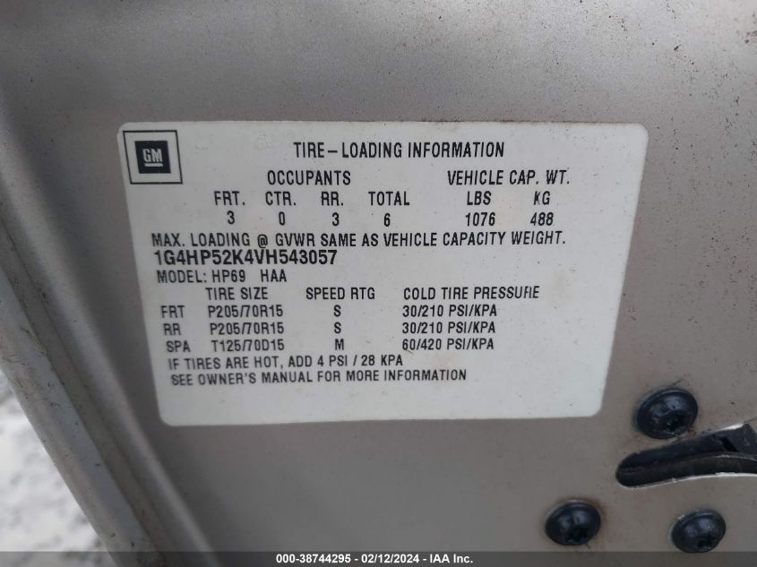 1997 Buick Lesabre Custom VIN: 1G4HP52K4VH543057 Lot: 38744295