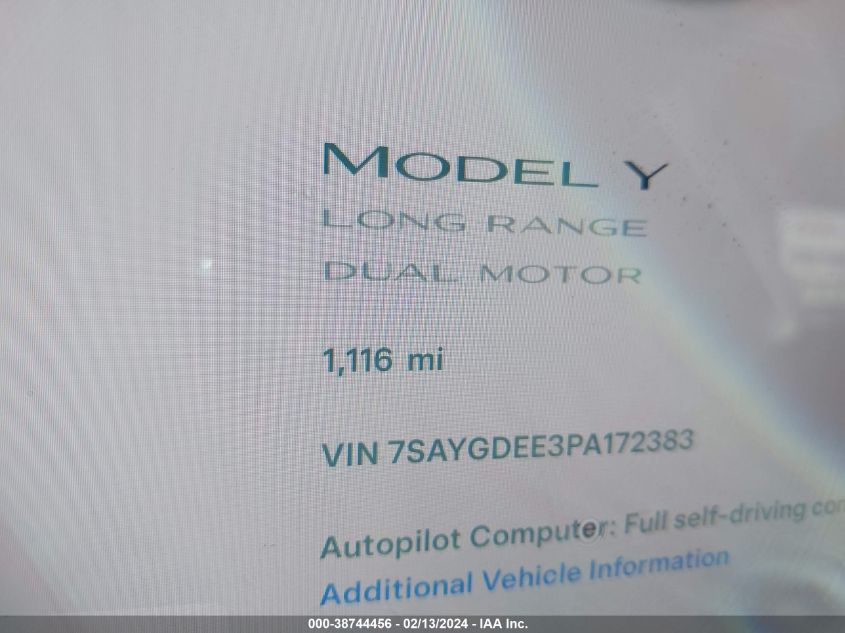 2023 Tesla Model Y Awd/Long Range Dual Motor All-Wheel Drive VIN: 7SAYGDEE3PA172383 Lot: 38744456