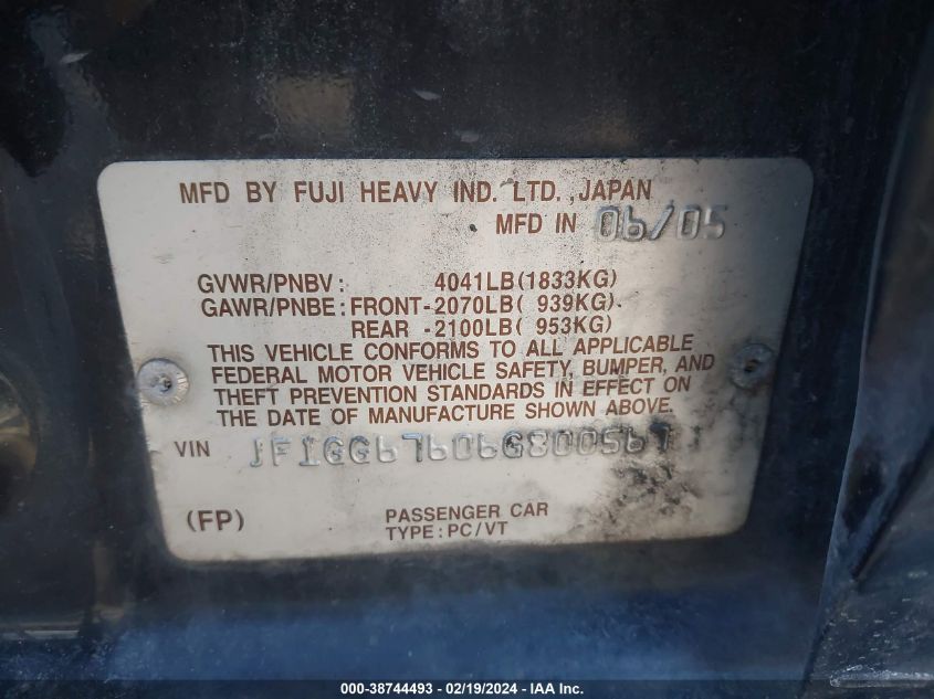 2006 Subaru Impreza 2.5I VIN: JF1GG67606G800567 Lot: 38744493