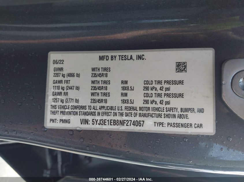 2022 Tesla Model 3 Long Range Dual Motor All-Wheel Drive VIN: 5YJ3E1EB8NF274067 Lot: 38744601