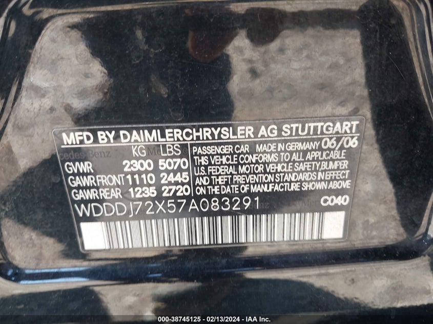 2007 MERCEDES-BENZ CLS CLASS VIN: WDDDJ72X57A083291