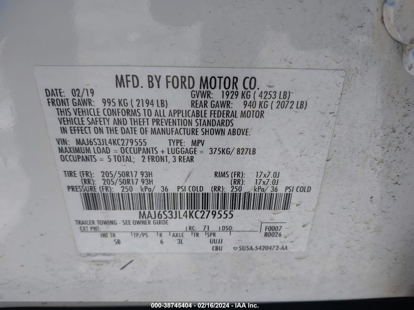 VIN MAJ6S3JL4KC279555 2019 FORD ECOSPORT SES