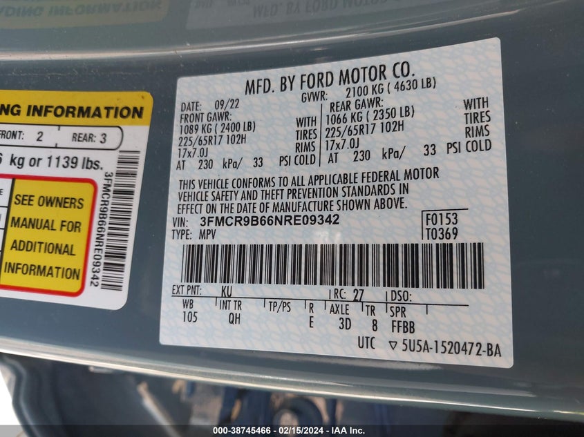 VIN 3FMCR9B66NRE09342 2022 FORD BRONCO SPORT BIG BEND
