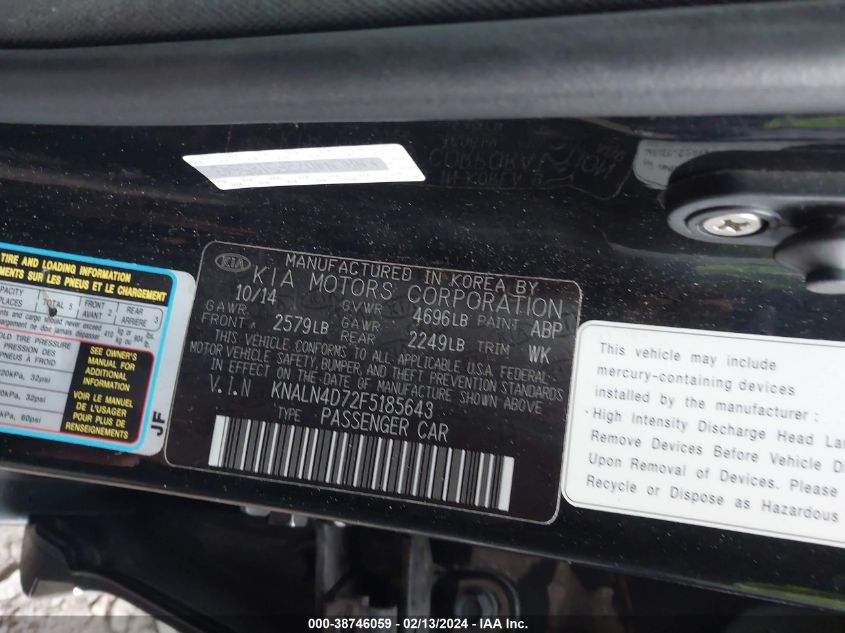 2015 KIA CADENZA LIMITED KNALN4D72F5185643