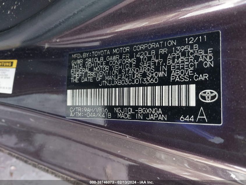 2012 Scion Iq VIN: JTNJJXB03CJ013360 Lot: 38746073