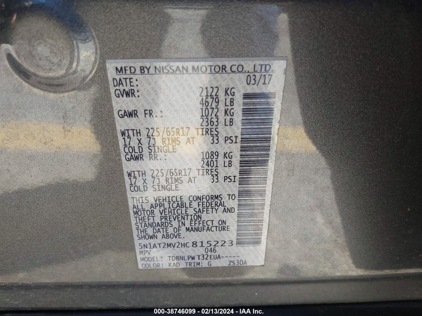VIN 5N1AT2MV2HC815223 2017 NISSAN ROGUE S