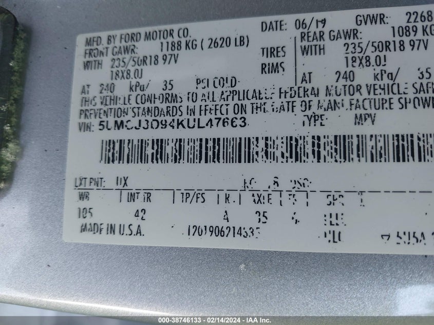 VIN 5LMCJ3D94KUL47663 2019 LINCOLN MKC RESERVE