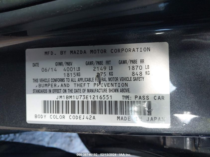 2014 Mazda Mazda3 I Sport VIN: JM1BM1U73E1216551 Lot: 38746192