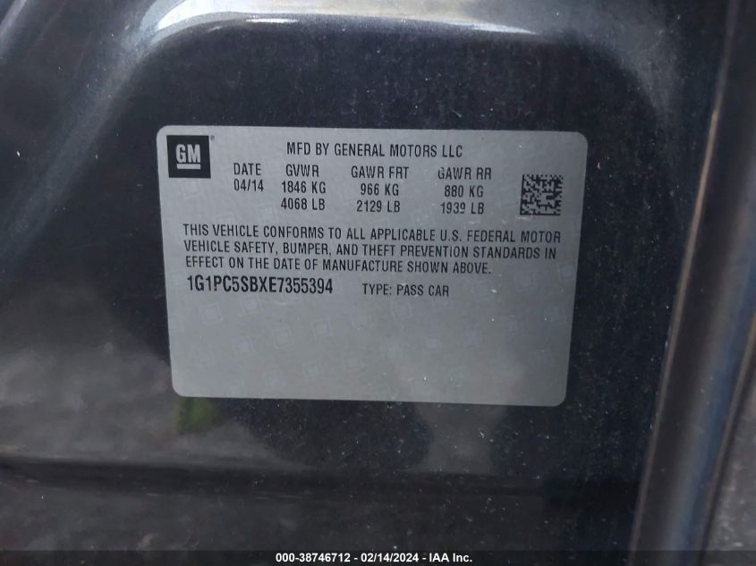 2014 Chevrolet Cruze 1Lt Auto VIN: 1G1PC5SBXE7355394 Lot: 39241198