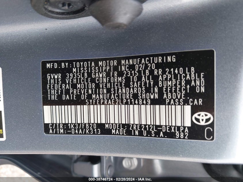 2020 TOYOTA COROLLA LE - 5YFEPRAE2LP114849