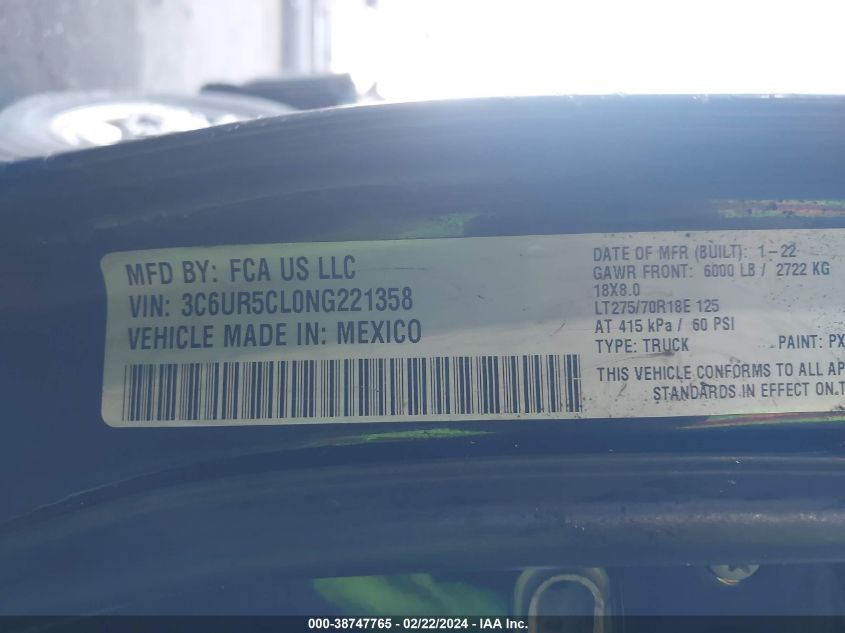 2022 Ram 2500 Tradesman VIN: 3C6UR5CL0NG221358 Lot: 38747765