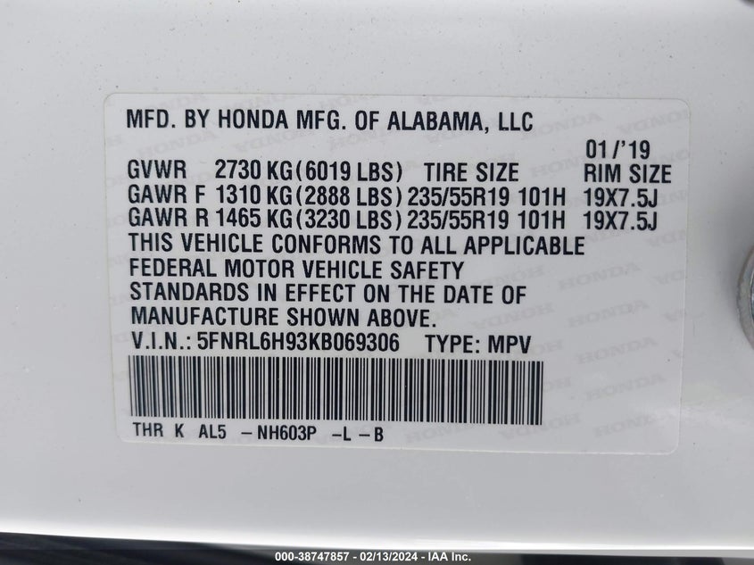 VIN 5FNRL6H93KB069306 2019 HONDA ODYSSEY ELITE