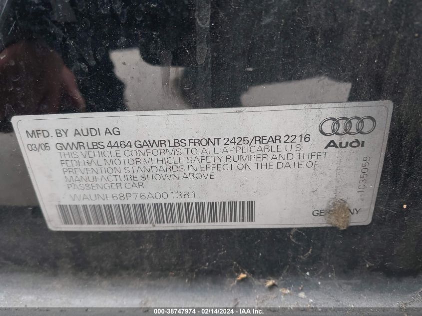 2006 Audi A3 2.0T VIN: WAUNF68P76A001381 Lot: 38747974