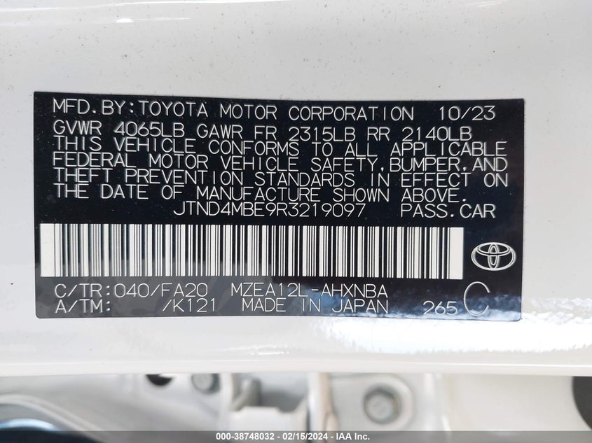 VIN JTND4MBE9R3219097 2024 TOYOTA COROLLA SE
