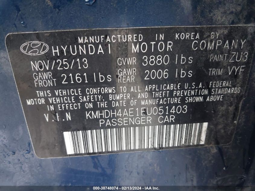 2014 Hyundai Elantra Se (Ulsan Plant) VIN: KMHDH4AE1EU051403 Lot: 38748074