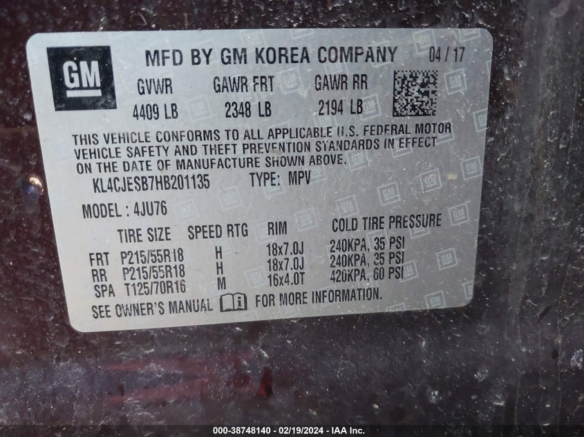VIN KL4CJESB7HB201135 2017 BUICK ENCORE PREFERRED