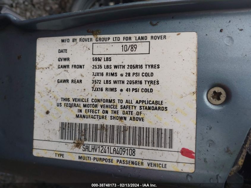 1990 Land Rover Range Rover VIN: SALHV1241LA409108 Lot: 38748173