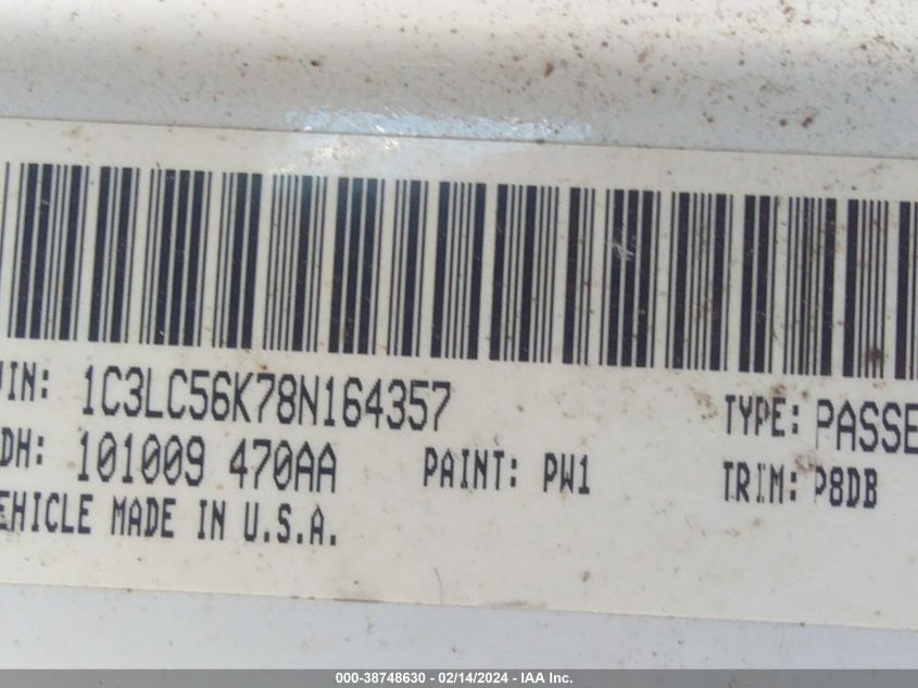 2008 Chrysler Sebring Touring VIN: 1C3LC56K78N164357 Lot: 38748630