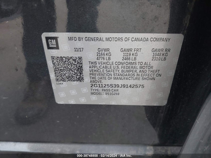 VIN 2G1125S39J9142575 2018 CHEVROLET IMPALA 2LZ