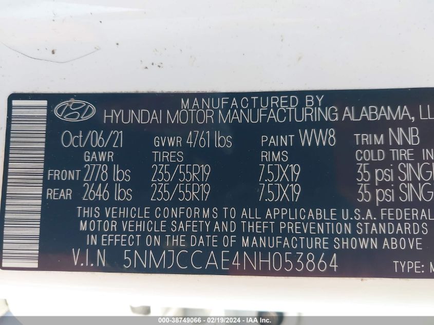 2022 Hyundai Tucson Sel VIN: 5NMJCCAE4NH053864 Lot: 38749066