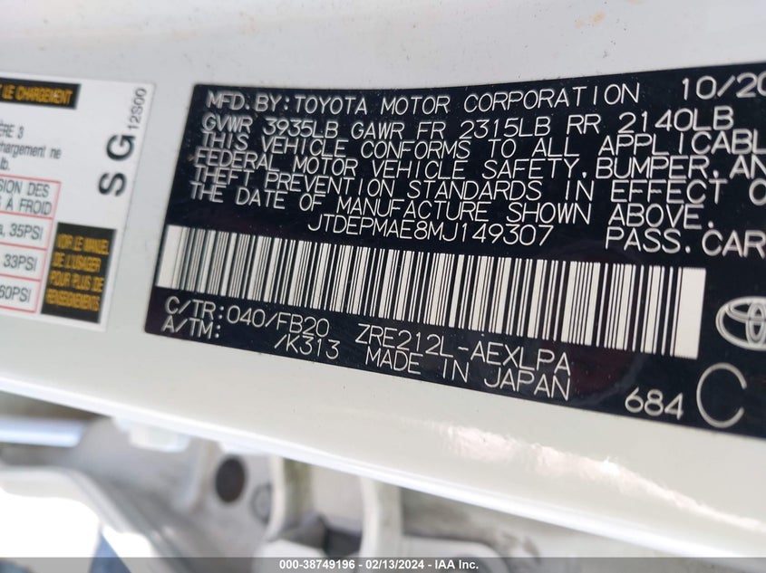 2021 Toyota Corolla Le VIN: JTDEPMAE8MJ149307 Lot: 38749196