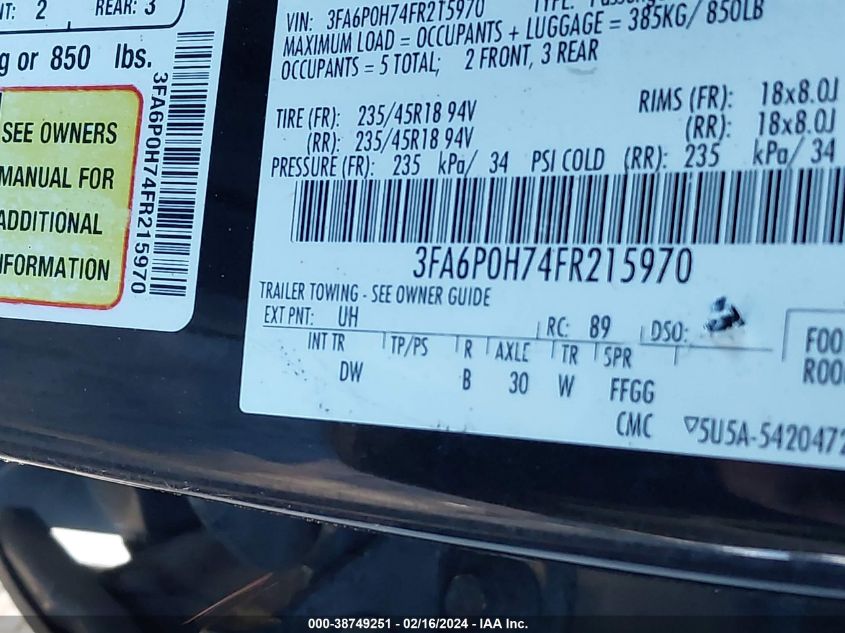 2015 FORD FUSION SE - 3FA6P0H74FR215970