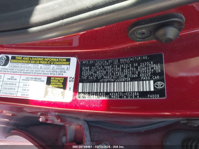 2018 TOYOTA CAMRY L/LE/XLE/SE/XSE - 4T1B11HK1JU556728