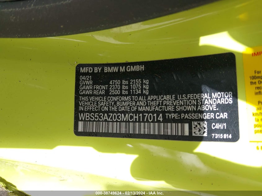 2021 BMW M4 - WBS53AZ03MCH17014