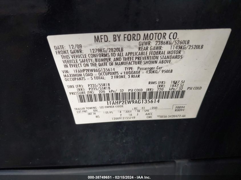 1FAHP2EW9AG135614 2010 Ford Taurus Sel