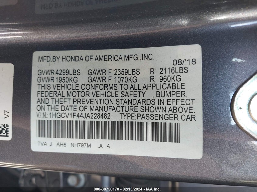 VIN 1HGCV1F44JA228482 2018 HONDA ACCORD EX