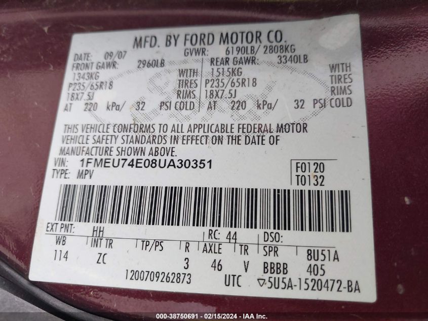 2008 Ford Explorer Eddie Bauer VIN: 1FMEU74E08UA30351 Lot: 38750691