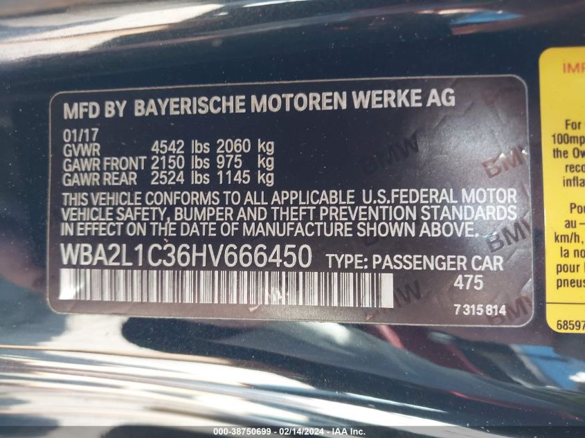 WBA2L1C36HV666450 2017 BMW M240I