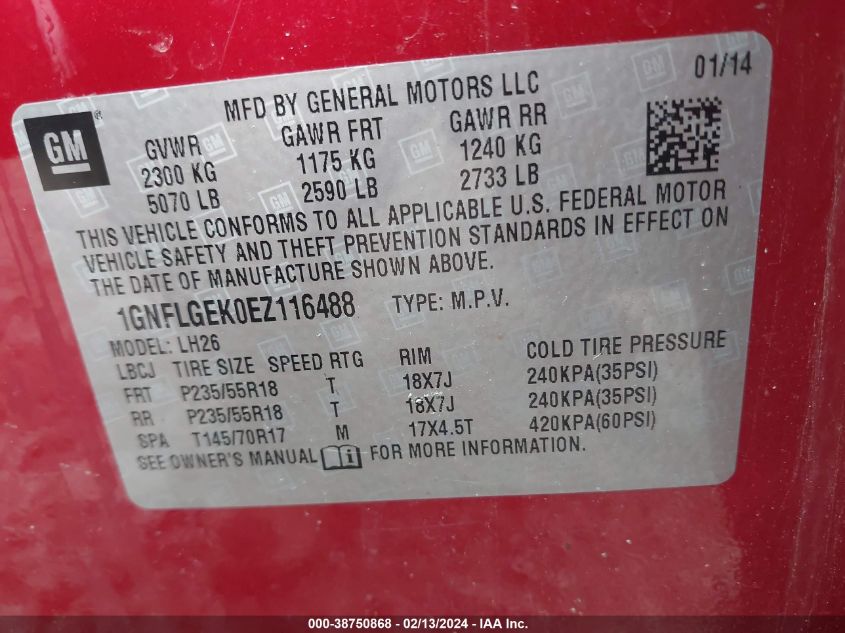 1GNFLGEK0EZ116488 2014 Chevrolet Equinox 2Lt