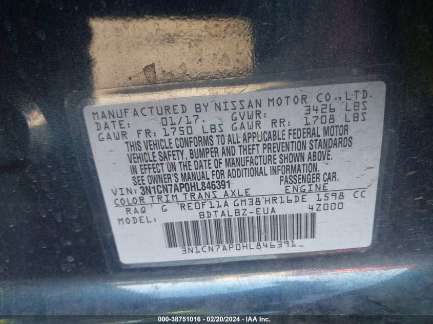 2017 NISSAN VERSA 1.6 SV - 3N1CN7AP0HL846391