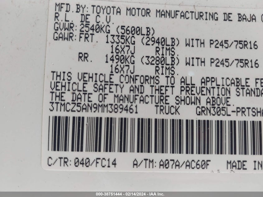 2021 TOYOTA TACOMA DOUBLE CAB/SR/SR5/TRD SPO - 3TMCZ5AN9MM389461