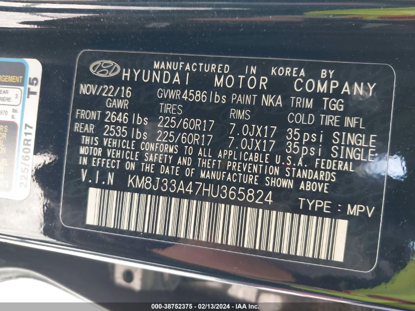 KM8J33A47HU365824 2017 Hyundai Tucson Se