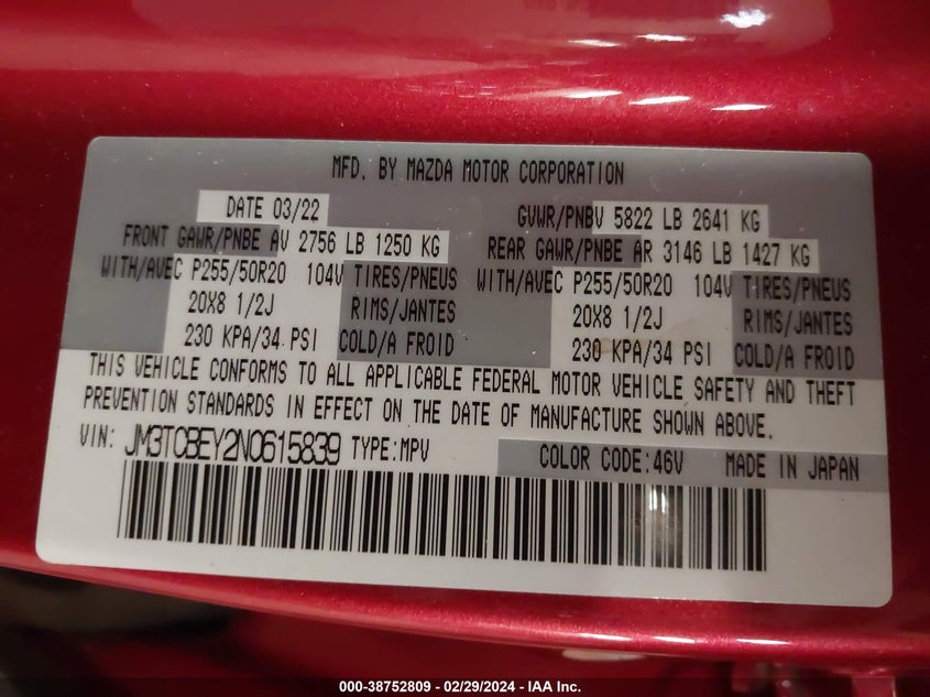 VIN JM3TCBEY2N0615839 2022 MAZDA CX-9 SIGNATURE