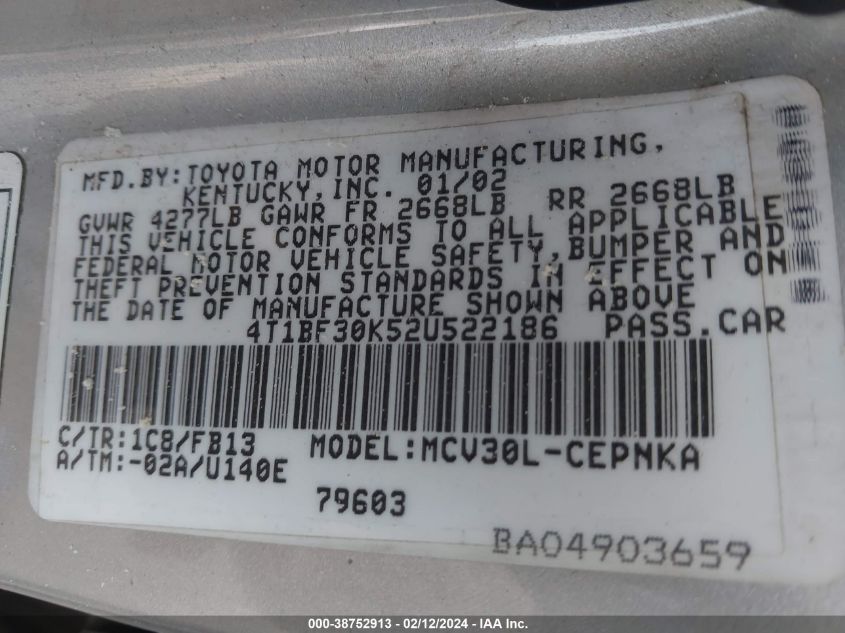 4T1BF30K52U522186 2002 Toyota Camry Le