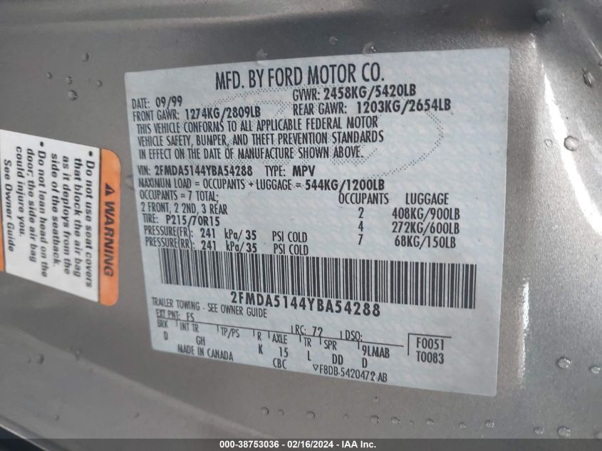 2000 Ford Windstar Lx VIN: 2FMDA5144YBA54288 Lot: 38753036